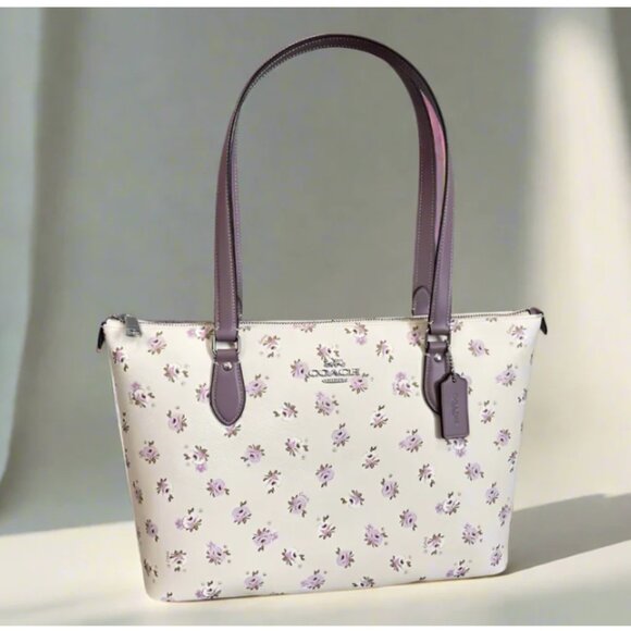 Coach Floral Gallery Tote Large White Signature Canvas CAL59 Bag Lilac ORIGPKG - Picture 1 of 10